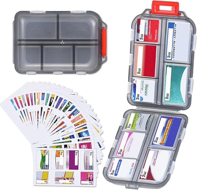 1Pack Travel Pill Organizer with 189 Medicine Labels, 10 Compartments Small Pill Case Compact and Portable Travel Pill Box for Airplane Car Purse Nurse Vacation Essentials