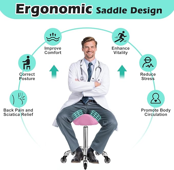 Saddle Stool with wheels Ergonomic - Heavy Duty 400lbs, Upgraded Thick Saddle Cushion, Healthy Posture Correction, Swivel Adjustable Rolling Saddle Stool, Saddle Chair for Salon Massage Home (Pink)