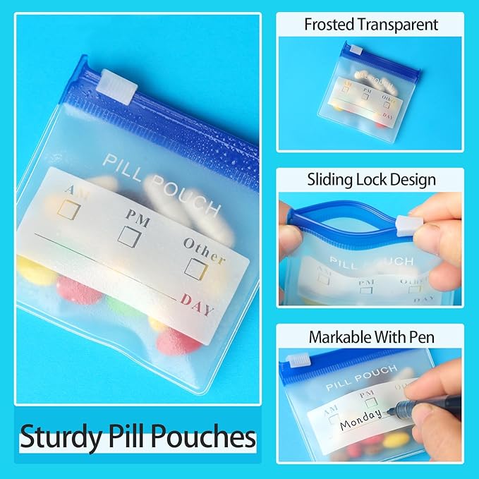 36 Packs Color Pill Pouch Bags 12mil 3 x 2.75 Inch bpa-Free, Frosted Clear EVA Materials, Heavy-Duty Thick Plastic Bags, Seal Zipper for Travel Medicine Organizer, Jewelry, Small Craft Pieces-Blue