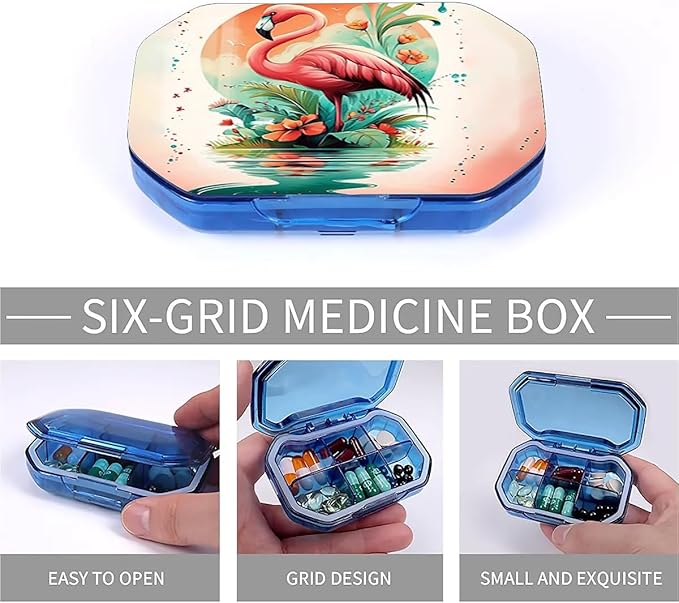 This Portable Flamingo Flower Pattern 6 Compartment Pill Box Can Be Placed in A Pocket Or Wallet to Store Vitamins, Medicines Health Supplements Other Medications.