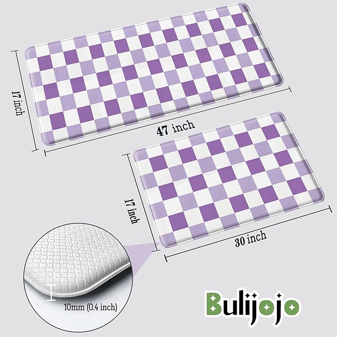 Bulijojo Purple Plaid Anti Fatigue Kitchen Floor Mats Set of 2 Waterproof Kitchen Sink Runner Rug Standing Mat Cushioned Kitchen Rugs Comfort Doormat 17"x47"+17" x30“