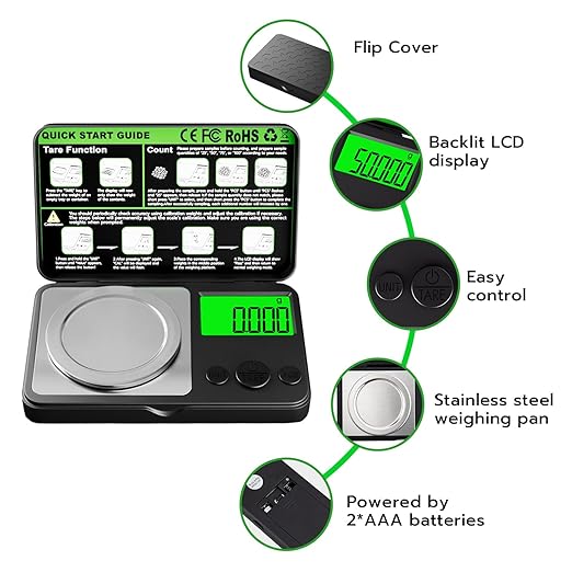 Wigearss Digital Milligram Scale 50g x 0.001g, Mini Precision Scale with Tare weight Function,Calibration Weight ＆ Backlit LCD Display, Pocket Micro Scale for Weighing Powder, Gold, Jewelry, Mini Food