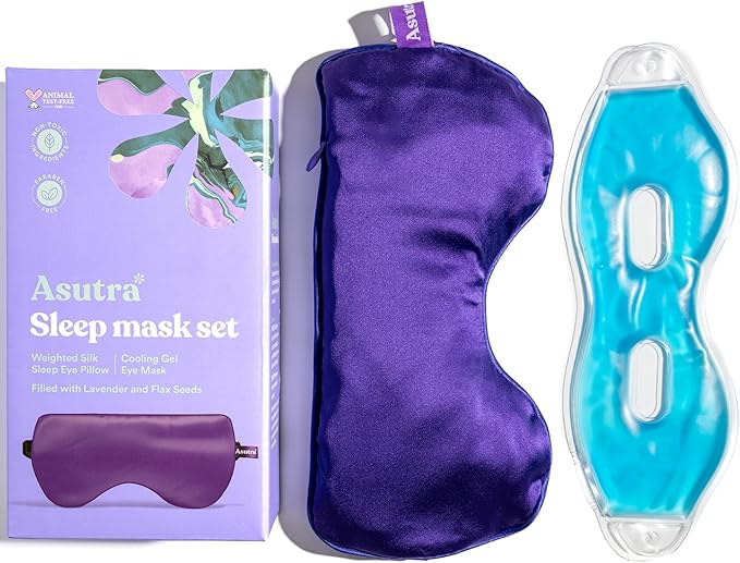 ASUTRA Silk Eye Pillow for Sleep, Purple - Filled w/Lavender Buds & Flax Seeds, Weighted Eye Mask, Meditation & Light Blocking Blindfold, Cooling Gel Mask Included