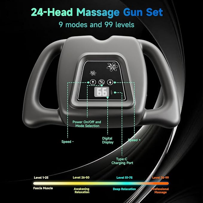 24-Head Massage Gun Set, With 99 Levels & 9 Modes, Massage Gun Deep Tissue, Legs, Waist, Neck and Back Massager for Muscle Pain Relieve, Quiet & Powerful Full Body Massager for Muscle Recovery (Gray)