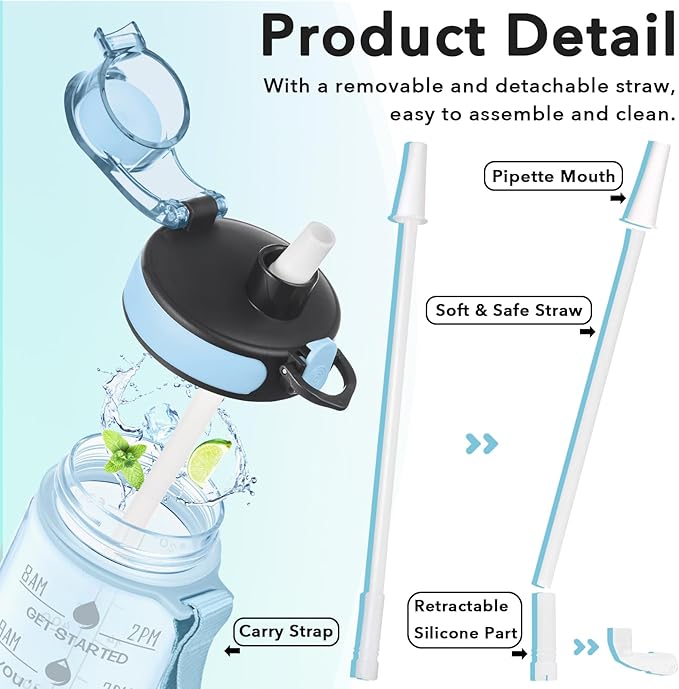 Enerbone Water Bottle, Leakproof BPA & Toxic Free, Motivational Water Bottle with Times to Drink and Straw, Fitness Sports Water Bottle with Strap for Office, Gym, Outdoor Sports