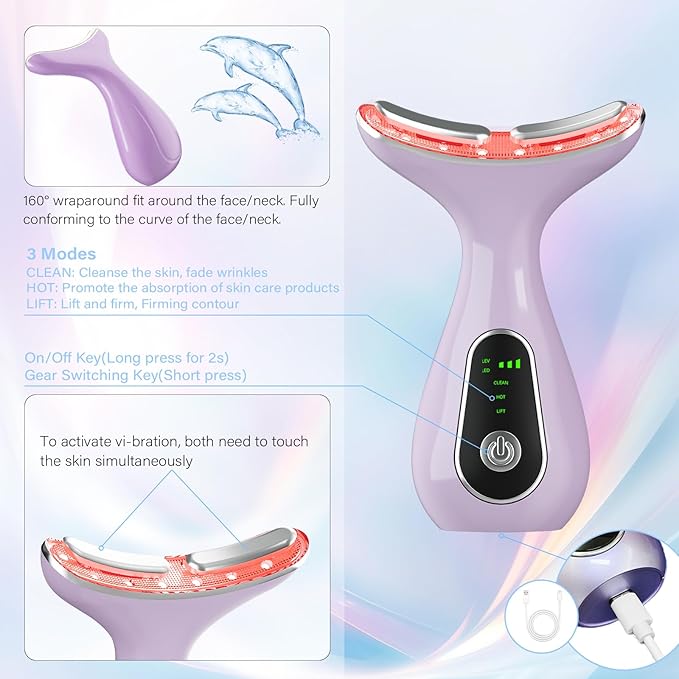 Facial Massager 7 Color Face Lift Device for Face and Neck Massage with 113°F & Vibration & Clean 3-in-1 Multifunctional Wand for Skin Care (Purple)