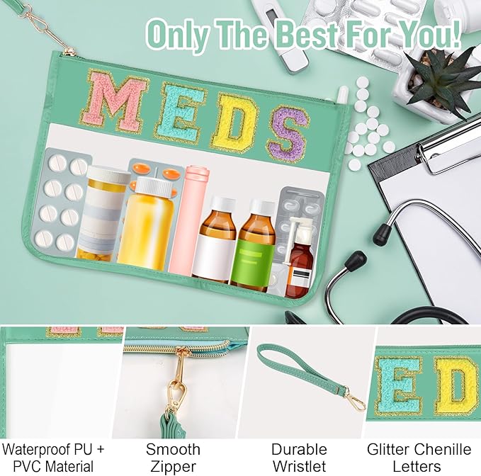 Chenille Letter Bag Clear Makeup Pouch, Preppy Patch Small Medicine Bag Travel Drugs Pills Zipper Pouch With Wristlet, Waterproof Portable Meds Storage Organizer for Patient Nurse (MEDS-Green)