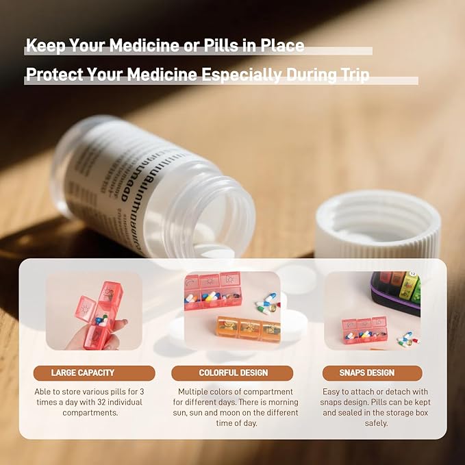 WEEOATAR Month Pill Box Organizer Medicine Planner Pill Dispenser, 3 Times a Day, Easy to Use with Zippers, Medical Supplies with Individual Compartments for Vitamin, Fish Oil, Supplements (Red)