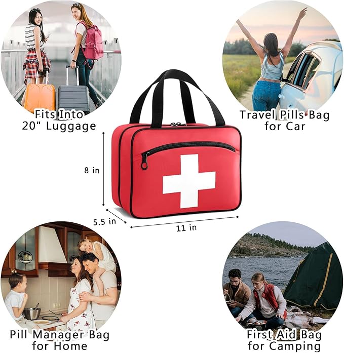 Naanle Pill Organizer Bag Travel Pill Bottle Medicine Organizer Home Storage Medication Bag for Vitamin Supplements, White Cross Empty Red First Aid Bag for Car Camping, 1.0 Count