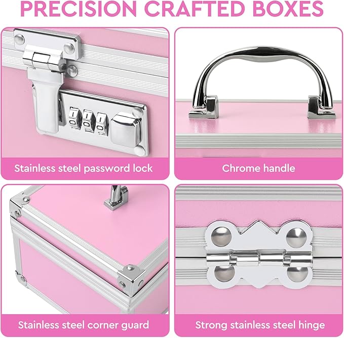 Travel Smell Proof Safe Locking Box With 6 PCS Accessories, Premium Medicine Organizers Case, Childproof Pill Box Organizer, Lock box for Valuables, Pink