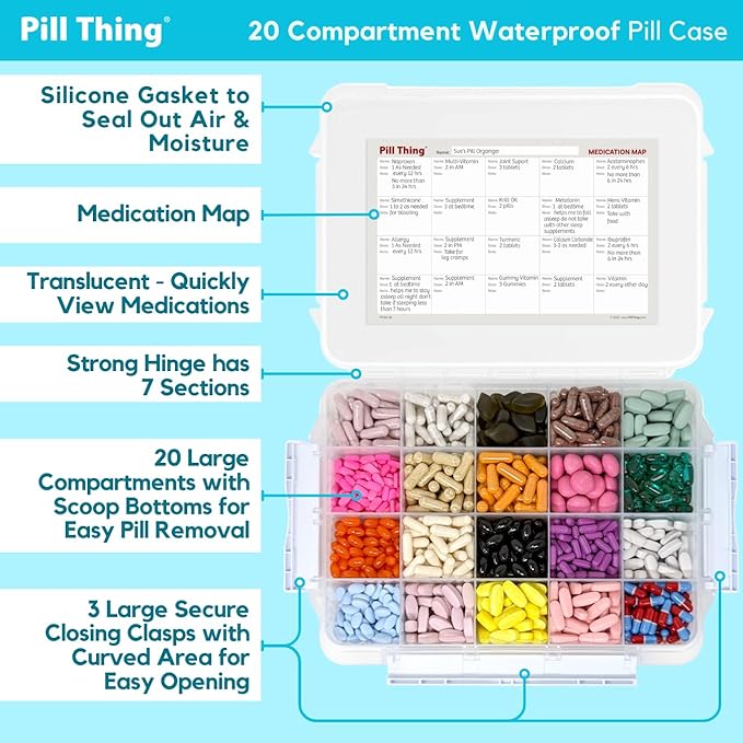 20 Compartment Large Pill Case with Airtight Seal - Silicone Gasket Waterproof Med Box with Medication Map & Medical Alert Card (Clear, 2 Pack)