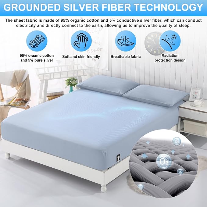Grounding Sheets for Earthing Twin XL Size, Fitted Earthing Sheets Grounding Fitted Sheet for Improving Sleep, Better Working and Help with Anxiety, Organic Cotton & Silver Fiber, Blue