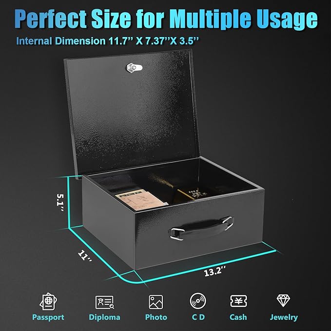 xydled Fire Resistant Safe Fire Safe Box with Key Lock for Home Office Security Storage for Valuables Documents,13.2"x 11"x 5.1" Inch,Black