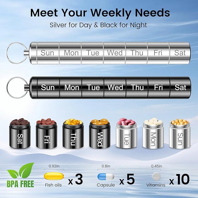 2 Pack Weekly Pill Organizer, QuwaYee Portable Small Pill Case Waterproof Keychain Pill Holder for Travel, Metal Medicine Organizer Box for Vitamin, Fish Oil, Supplement