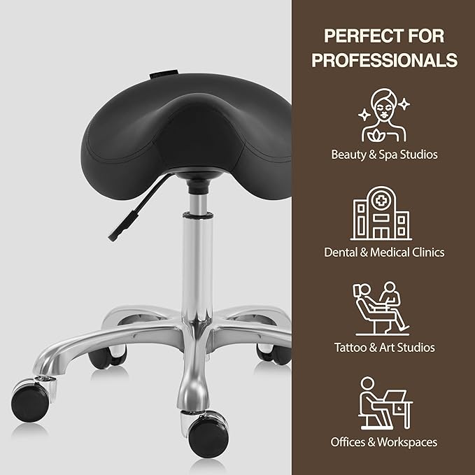 Ergonomic Saddle Stool, Adjustable Pneumatic Swivel Rolling Saddle Seat with Wheels for Hygienic, SPA, Salon, Home and Office, Haku 506 Series