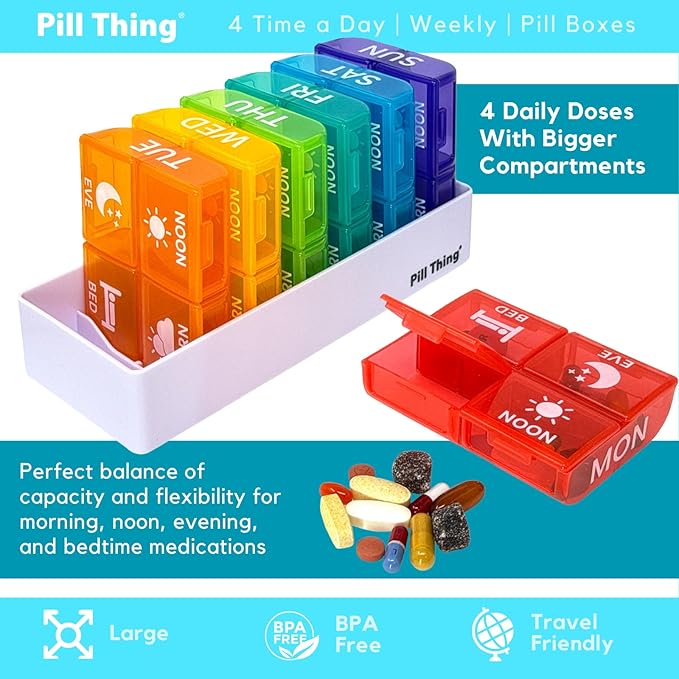 6 Times a Day, 7 Day Large Weekly Pill Organizer with Holder Tray, Vitamin, Medicine Box, Multicolor with Medical Alert Card (4X a Day - 2 Pack)