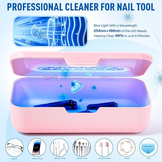 Nail Tool Sterilizer Box - Portable Recharging Nail Tool Cleaner Box Container Plastic Sterilizer Machine for Nail Tools,Tweezers,Hair Salon,Tattoo,Jewelry, Phone (Pink)