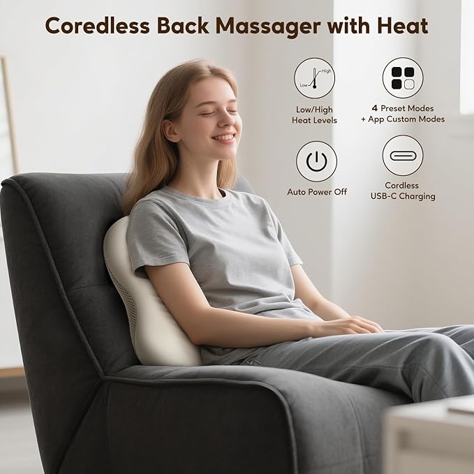 arboleaf Back Massager for Pain Relief, Bluetooth App Control, Cordless Shiatsu Neck Back Massage with Heat, Deep Kneading for Upper & Lower Back, Chair, Car, Travel, Gift for Mom Dad