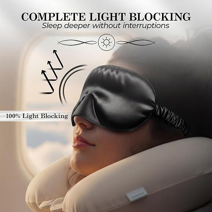 SLEEP SANCTUARY 100% Pure Mulberry Silk Sleep Mask - 22 Momme Light Blocking 3D Contour Silk Eye Mask for Sleeping - Secure Fit for Side Sleepers, Women & Men - Cloud Soft (Black)