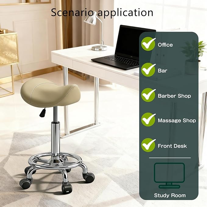 Saddle Stool with Wheels, Adjustable Rolling Stool Chair with Back Support, Ergonomic PU Leather Saddle Chair for Salon, Massage, Tattoo, Medical, Spa, Office (Khaki, 1PCS)