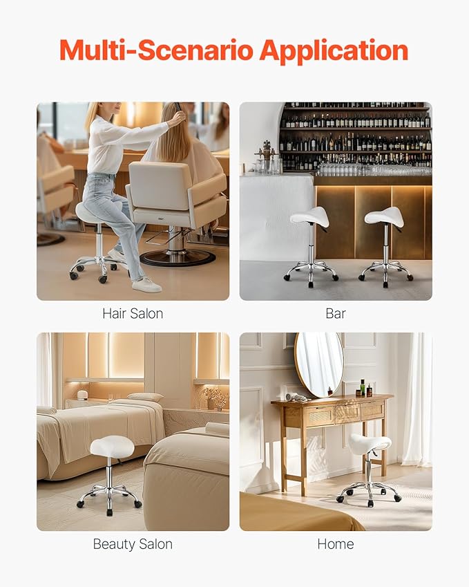 VEVOR Saddle Stool with Wheels, 450 LBS Weight Capacity Ergonomic Rolling Stool, Height Adjustable Thickened PU Leather Swivel Saddle Chair for Salon, Spa, Massage, Tattoo, Clinic, White