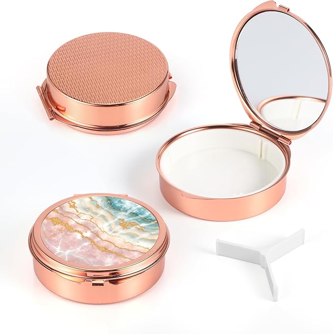 Dynippy Pill Case Pill Box with Mirror Pocket 3 Compartment Medicine Case Vitamin Pill Organizer for Pocket Purse and Travel (Round, Rose Gold-Marble Veins)