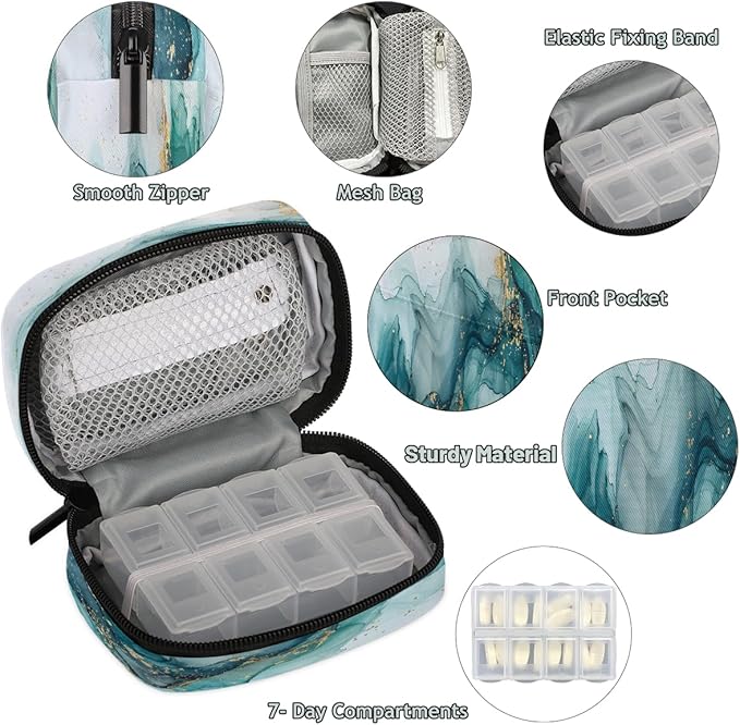 Abstract Teal Marble Travel Pill Organizer Box Weekly Portable Pill Case Daily Pills 7 Day Small Birth Control Pills Container Removable Compartments for Medicine Vitamins Fish Oil