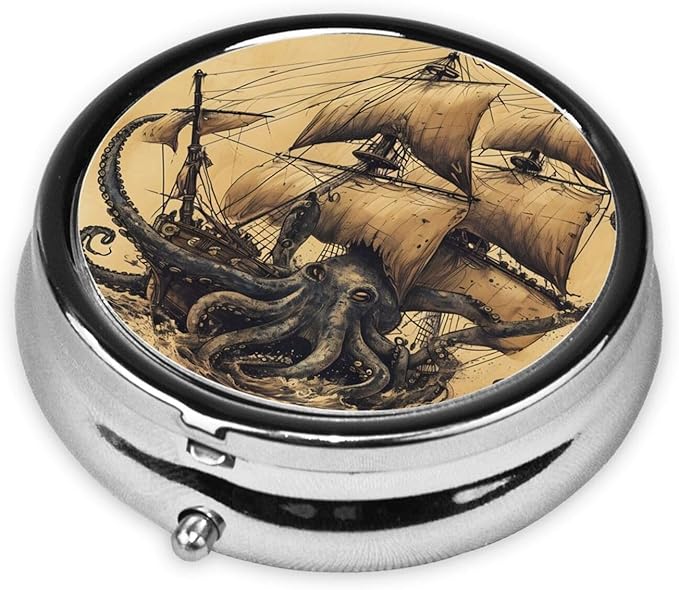 Vinatge Octopus Vessel Ocean Pill Box 3 Compartment Pill Case, Portable Medicine Pill Organizer for Pocket Purse Pill Box Decorative Metal Medicine Vitamin Organizer