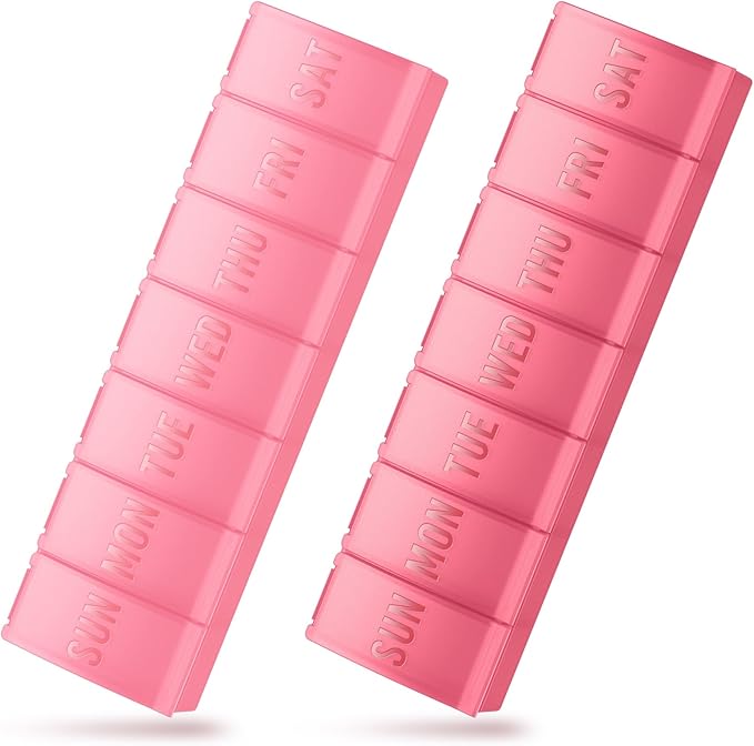 Large Pill Organizer 2 Pack, Easy-Open Weekly Pill Organizer, XL Daily Pill Organizers, 7 Day Medicine Pill Organziers, Medicine Box 7 Day for Large Vitamin Supplements (Pink + Red)