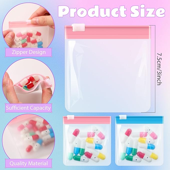 Handepo 24 Pieces Pill Pouch Bags Zippered Set Reusable Translucent Medicine Organizer Sealing Travel Plastic Bags with Slide Lock for Storage (Pink, Blue)