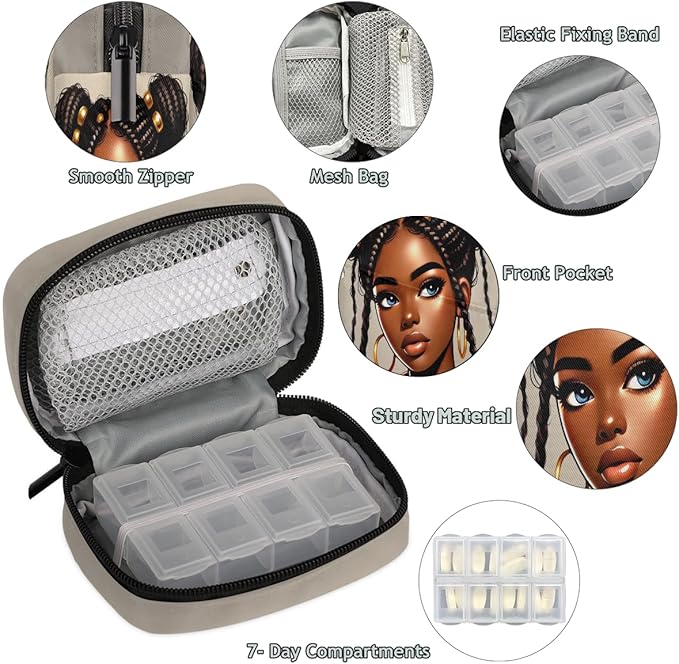Fashion Glamorous Black Girl Travel Pill Organizer Box Weekly Portable Pill Case Daily Pills 7 Day Small Birth Control Pills Container Removable Compartments for Medicine Vitamins Fish Oil
