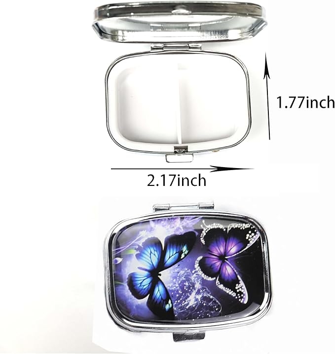 WATASSA Pill Box with Animal Style Mirror All-in-One 2-Compartment Portable Medicine Organizer, Marble Pattern Travel Pill Case for Vitamins&Daily Medication(Fits Pocket/Purse) (Iridescent Butterfly)