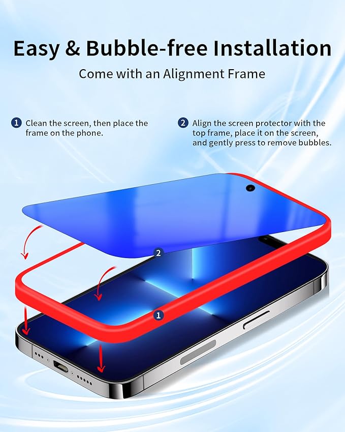 Privacy Screen Protector for iPhone 13 Pro / for iPhone 13 / for iPhone 14, Tempered Glass Film with Easy Installation Frame 2 Pack True 25° Anti Spy Anti-Blue Light Eye Protection 9H Hardness (6.1 inch Blue)