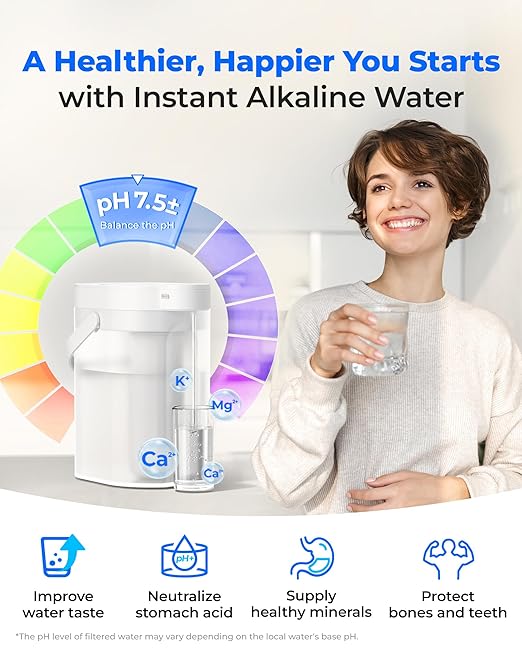 Waterdrop Alkaline Rechargeable Water Filter Dispenser, 6-Stage Instant Electric Powerful Pitcher, Healthy Mineralized Alkaline Water, 15-Cup Portable Countertop System, Does not Lower TDS