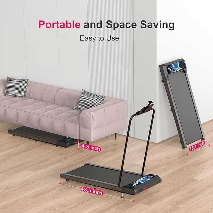 Walking Mat Pad With Incline and Handle Bar, Treadmill with Handles, 4 in 1 Under Desk Treadmill, 2.5HP Low Noise Compact Treadmills Small Space with Remote Control,Portable Treadmills for Home Office