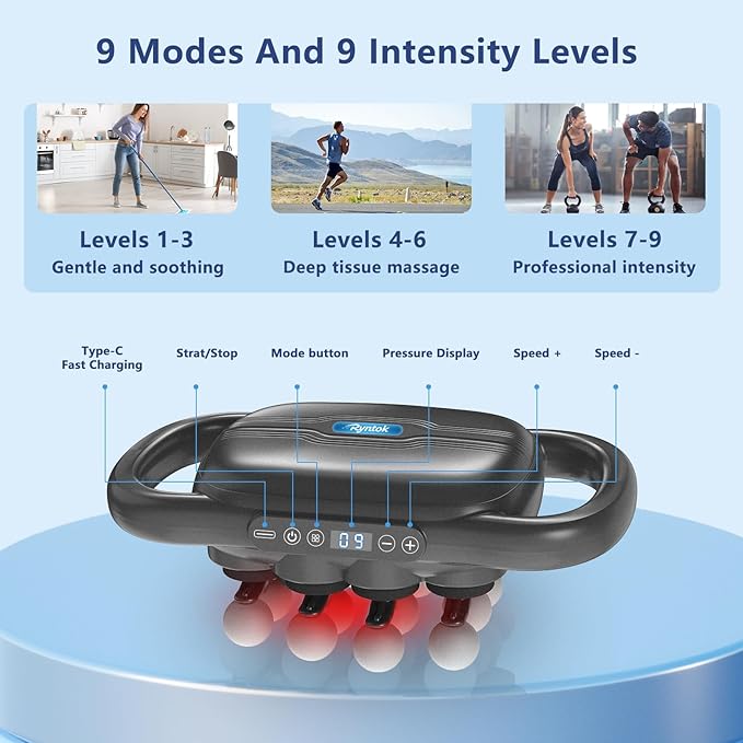 16 Head Massage Gun Deep Tissue, Multi Head Massage Gun, with 9 Modes & Levels,10 Replaceable Massage Heads Included, Body Muscle Pain Relief, Wireless and Portable, Black