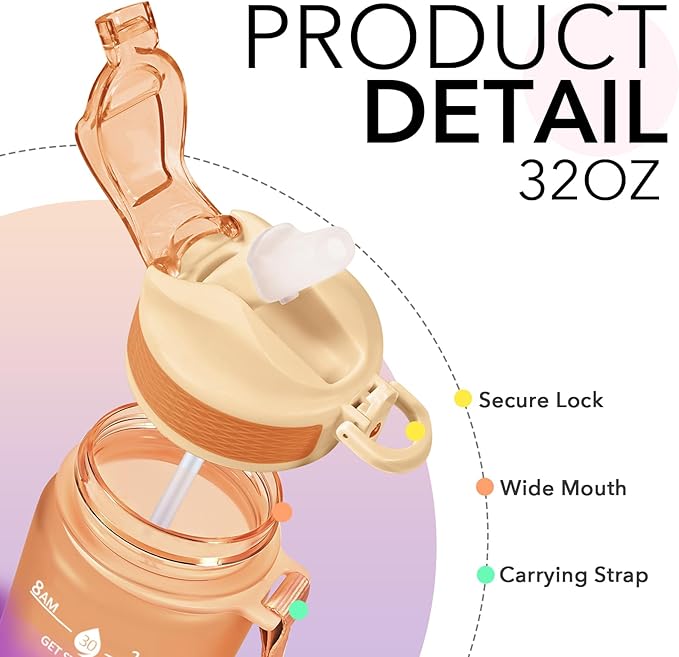 Hyeta 32oz Water Bottles with Straw - Stay Motivated and Hydrated with Convenient Times to Drink Markings, Durable, Leak-proof