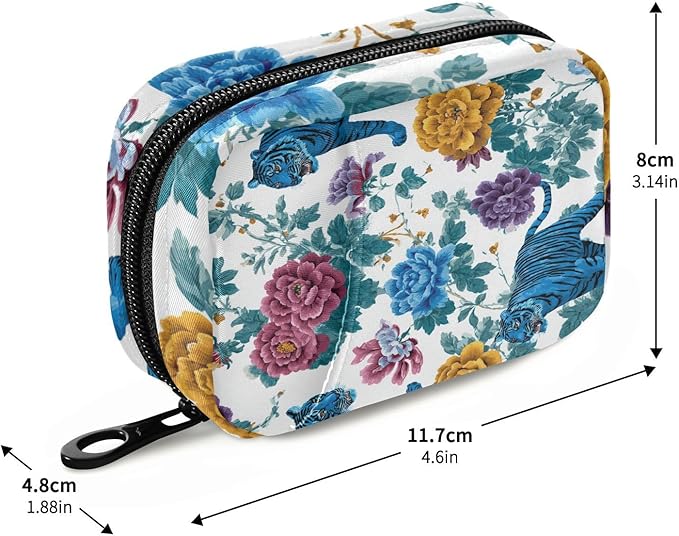 Vintage Floral Blue Tigers Travel Pill Organizer Case Box Container Weekly Portable Vitamin Medicine Holder Storage Bag with Zipper Removable