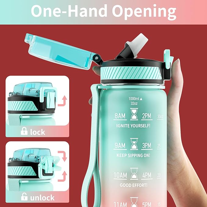 Water Bottle with Straw, 32oz Motivational Water Bottles with Time Marker to Drink, Tritan BPA Free, 1L Sports Water Bottle with Carry Strap LeakProof for Women Gym Fitness Outdoor (1 Pack)