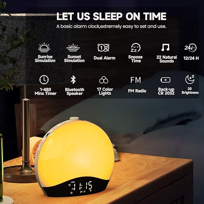 Sunrise Alarm Clock Wake Up Light, Kids Hatch Alarm Clock, Bluetooth White Noise Machine with 22 Soothing Sounds, 17 Color Night Lights, Sunrise Simulation, Dual Alarms, FM Radio, Snooze, Ideal Gift