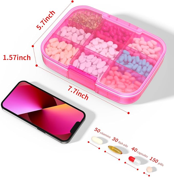 Restree Pill Organizer, Large & Waterproof Travel Pill Case, Adjustable Dividers for Daily Vitamins, Supplements, Fish Oil - Portable Medicine Box for Home & On-The-Go, 9 Compartment (Pink)