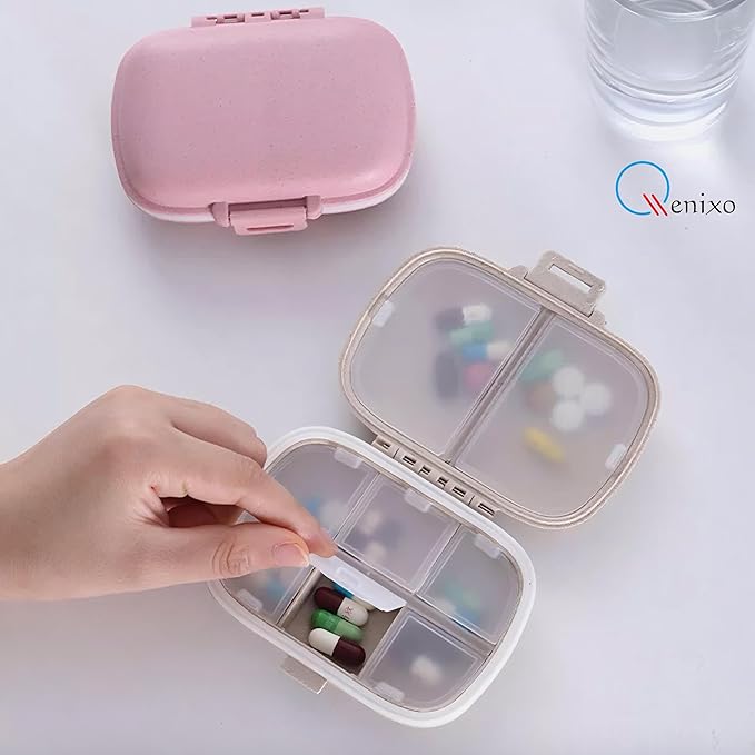 Qenixo® Travel Pill Organizer 8 Compartments Portable Pill Box Small Daily Pill Case Medicine Vitamin Container for Pocket Purse 8 Compartments Portable Pill Case Hold Vitamins, Cod Liver Oil