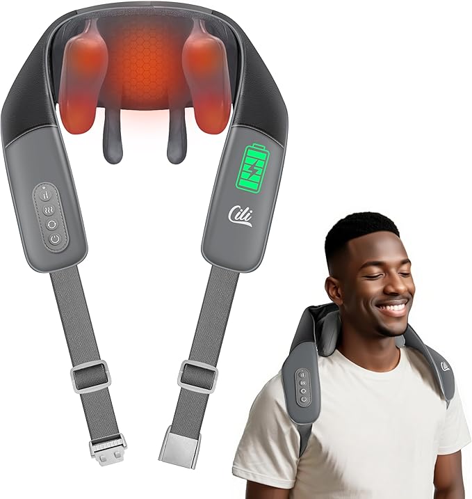 CILI Cordless Massager for Pain Relief Deep Tissue, Shiatsu Neck Back Massager for Pain Relief, 3 Heating Areas & Adjustable Straps, Gifts for Him/Her