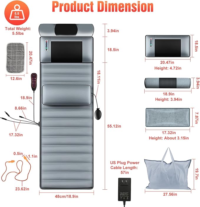 Heated Full Body Massage Mat – 10 Motors Vibration Massage Pad for Bed, with Inflatable Neck Pillow & Lumbar Support, 3 Timer Settings, Electric Shiatsu Back Massager for Home Use