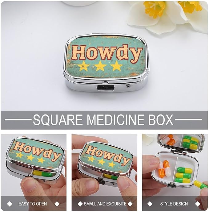 Vintage Howdy Western Pill Box 2 Compartment Portable Medicine Pill Case Travel Pill Organizer for Pocket Purse