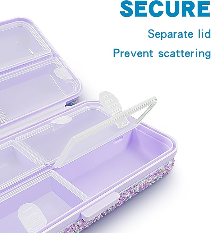 Yivaiks Bling Travel Pill Organizer Crystal Rhinestone 8 Compartments Portable Pill Case Daily Pill Box to Hold Vitamins Small Pill Container for Pocket Purse Medicine Organizer(Purple)