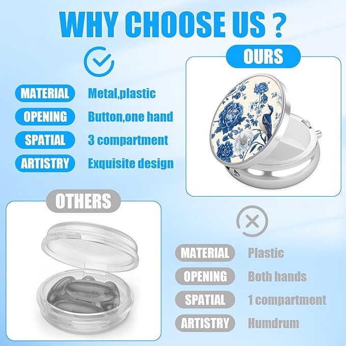 Blue Bird Blooming Flower Pill Case, Pill Box 3 Compartments Metal Small Pill Holder with Mirror Mini Travel Pill Container for Purse Pocket Women Men