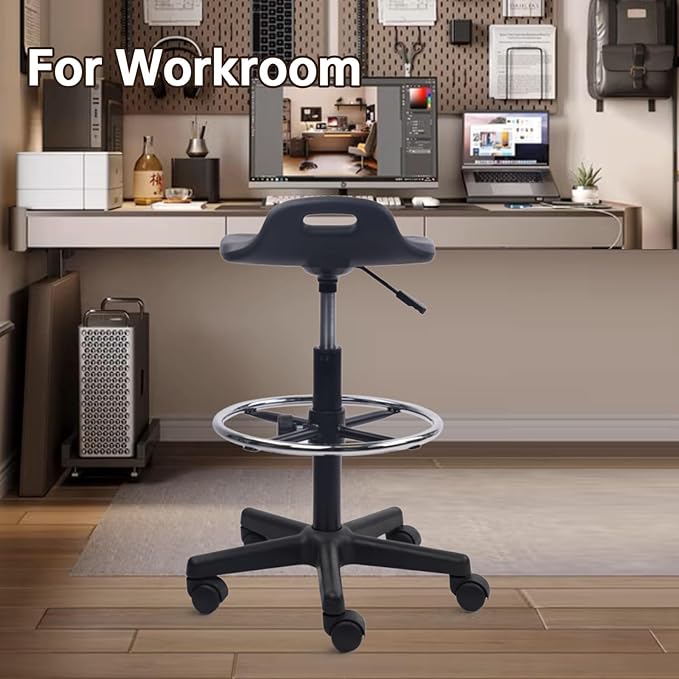 Drafting Stool Chair with Footrest, Ergonomic Breathable Seat Adjustable Height 360° Swivel Rolling Stools, Tall Office Chair for Standing Desk, Spa, Counter, Medical, Salon, Black, 2 Pack