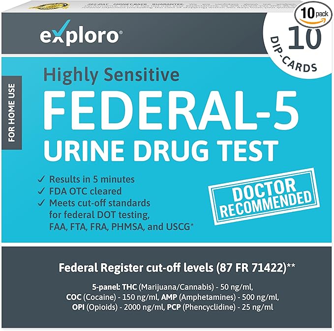 Exploro Federal Level 5 Panel Drug Test Kit - At Home Urine Drug Screen for THC, Cocaine, Amphetamines, Opiates, PCP - Accurate Results for Pre-Employment & Personal Use (Pack of 10)