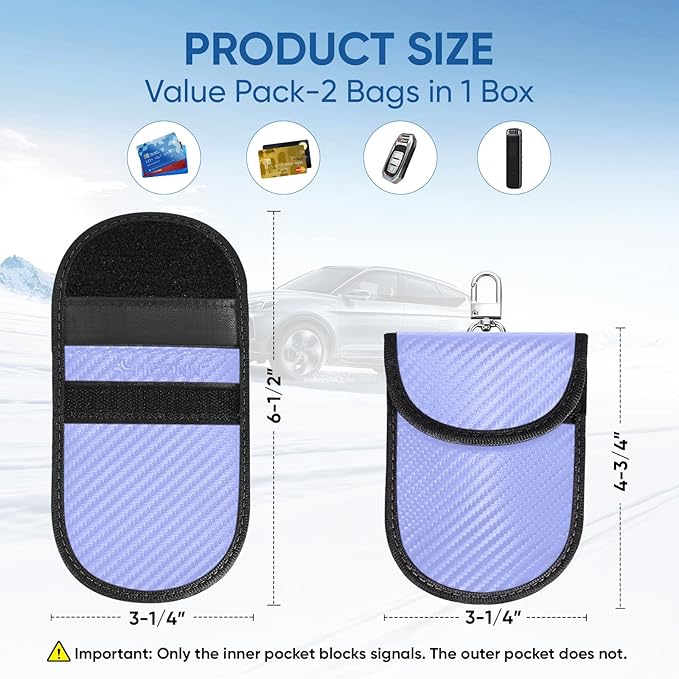 TICONN 2PK Faraday Bags for Car Keys Fob, 3.25"X4.75" Faraday Cage Protector, Car RFID Signal Blocking, Anti-Theft Pouch Anti-Hacking Case Blocker (Blue, S)